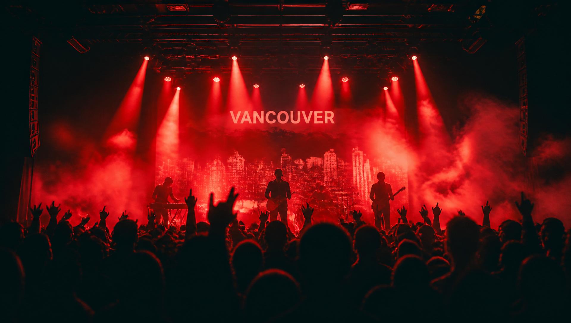 Atmospheric concert stage with red lighting and crowd silhouettes